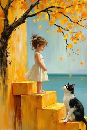 Painterly fantasy art of Hanna, a little girl in a white dress with scruffy pixie brown hair, smiling, standing on top of a yellow staircase, looking down at a black and white cat sitting at the bottom, looking up to her, framed mid-shot, acrylic paint splatters, tree with yellow blossoms overhanging the steps, dark yellow flowers falling down, soft natural lighting, vibrant colors, dynamic composition.