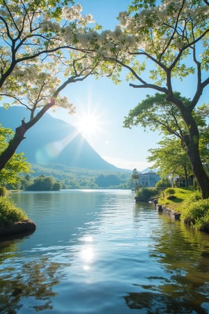 Ultra-detailed photography of Hanna in a vibrant morning landscape. A bright sun hangs low in the sky, reflecting off a calm lake. Beautiful, blooming trees arch over the scene, with delicate flowers glowing softly under the sunrise and dewdrops. In the background, a distant mountain under a clear blue sky, with the shadow of a small dimly lit building at its base. Soft, cool blue and yellow color palette creates a dreamy and calm atmosphere.