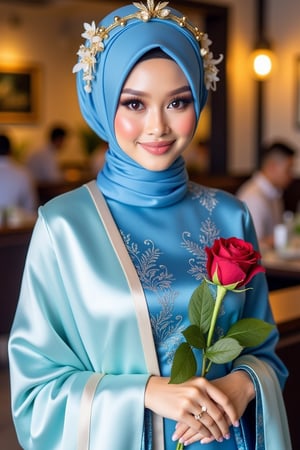 A striking full-body portrait of a beautiful Malay lady, standing gracefully at a restaurant. She wears a soft blue hijab adorned with a delicate flower tiara, paired with a royal blue silky cotton kebaya and pastel shoulder veil. In her hand, she holds a red rose. Soft natural lighting highlights her elegant features and the luxurious texture of her attire. The composition frames her poised posture, capturing the intricate details of the traditional and contemporary elements in her ensemble.