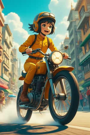 Anime Ghibli style, a young girl in a yellow leather suit, confidently riding a motocross bike on a lively city street. The scene is bathed in soft, warm sunlight, highlighting her vibrant outfit and the bike's sleek design. The composition captures her dynamic pose, with the bike's motion blur adding a sense of speed. The background showcases colorful buildings and animated pedestrians, creating a vibrant and energetic atmosphere.