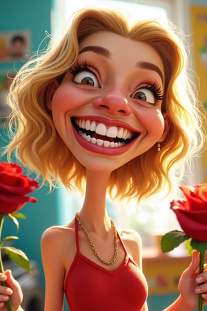 A vibrant caricature of Hanna, a girl with a wide smile revealing exaggeratedly large teeth, holding a red rose in her hand. The scene is brightly lit, with bold, exaggerated features and playful, cartoonish style. Hanna is centered in the frame, her pose lively and expressive, set against a whimsical, colorful background.