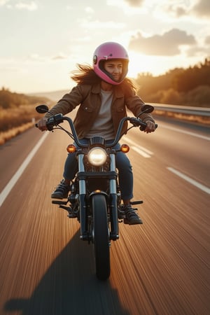 A dynamic shot of Hanna, a girl in a pink helmet and brown jacket, riding a chopper motorcycle on a highway. The image captures the speed and excitement of the ride, with the wind blowing through her hair and the landscape blurring in the background. The composition is centered on Hanna, with the highway stretching out behind her, illuminated by the golden hour sunlight.