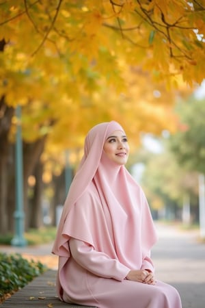 A beautiful Muslimah named Hanna, sitting on a bench under a falling autumn tree, wearing a pastel-colored abaya. The scene is framed with the tree's golden leaves gently falling around her, creating a soft, warm lighting. Hanna is composed and serene, her gaze thoughtful. The background features a park with autumnal foliage, enhancing the peaceful atmosphere.