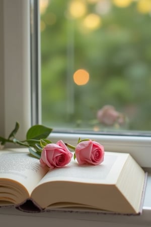 Minimalist scene by the window with soft greenery lighting in the background. A simple, elegant two single pink roses rest gently on the edge of an open book. The book sits on a clean windowsill, with outside lighting creating a warm, peaceful ambiance. The focus is on the artistic arrangement of pink roses and the gentle, glowing light outside.