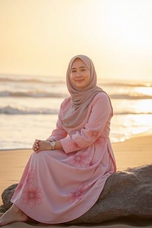 A beautiful woman with a stylish hijab, wearing a pastel pink abaya dress with floral patterns in a minimalist style. She sits on a big rock at the beach, smiling nicely. The scene is bathed in the warm, golden light of the sunset, creating a serene and peaceful atmosphere. The composition focuses on her elegant pose, with the vast ocean and sky in the background, highlighting the simplicity and beauty of the moment.