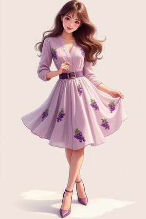 Digital illustration of a pretty lady in a nice secretary's belted circle skirt dress imprinted with grapes, featuring a slightly flared skirt. She has very long, straight shoulder-length brown hair with bangs that curl out at the shoulder, thick feathered eye makeup, and a sweet soft smile. She wears high heels in a full-body view, capturing her femininity. The high-quality, high-resolution image showcases high detail with soft light and shadow.