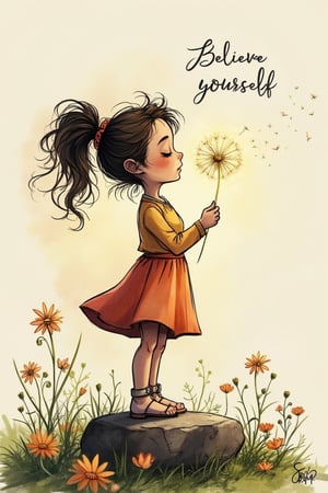 A cute little girl standing on a stone in a wildflower field, blowing a dandelion flower with a spark and glowing effect. Dew drops glisten in the sunrise light. The scene is rendered in sumi-e ink wash and fine line, with white art lines and detailed characterization through varying ink tonalities and shading. The composition is Zen-inspired, with a dramatic angle capturing her playful expression. Animecore style with a serene, contemplative atmosphere. Typography includes the cursive words believe yourself elegantly integrated into the background.