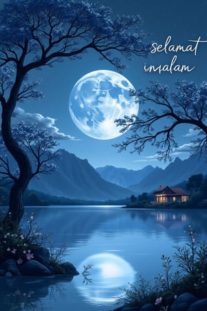 A mystical night landscape with a bright full moon hanging low in the sky, reflecting off a calm lake. Beautiful, blooming trees arch over the landscape, with delicate flowers glowing softly under the moonlight. In the background, a distant mountain under a clear starry sky, with the shadow of a small dimly lit building at its base. The scene is rendered in a soft, cool blue and blue color palette, creating a dreamy and calm atmosphere. The image is rendered in sumi-e ink wash and fine line, with white art lines and detailed characterization through varying ink tonalities and shading. Typography includes the words selamat malam elegantly integrated into the background.