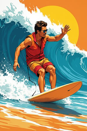 A vibrant Pop Art style illustration of Hanna, a man wearing a vibrant outfit, surfing at the beach with a background of crashing waves. The scene is framed with bold, contrasting colors and dynamic lines, capturing Hanna in mid-action. The lighting is bright and saturated, highlighting the surfboard and beach setting. The composition focuses on Hanna, with the waves adding context and movement.