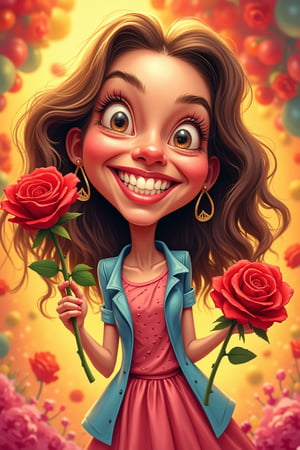 A vibrant caricature of Hanna, a girl with a wide smile revealing exaggeratedly large teeth, holding a red rose in her hand. The scene is brightly lit, with bold, exaggerated features and playful, cartoonish style. Hanna is centered in the frame, her pose lively and expressive, set against a whimsical, colorful background.