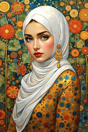 A Gustav Klimt-inspired portrait of Hanna, a beautiful lady in a hijabi wearing a white hijab, azure eyes, and glossy lips adorned with earrings. She stands in a beautiful garden background, with oil ink detailing. The composition captures the essence of Klimt's style, with intricate patterns and vibrant colors. The framing is close-up, highlighting her elegant features and the detailed garden backdrop. The lighting is soft and golden, enhancing the richness of the oil ink textures.