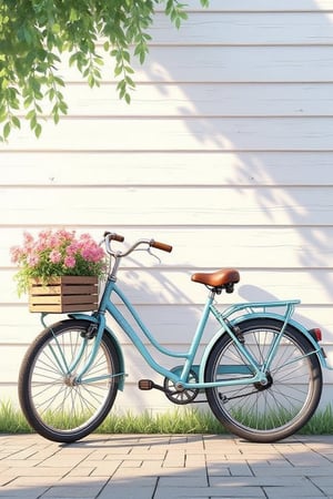 Digital illustration of a vintage bicycle with a light blue frame, positioned against a white siding wall. The bicycle features brown handles and a brown seat, with a wooden crate attached to the front, filled with fresh flowers adding a pop of color. The scene is outdoors, with soft shadows indicating early morning or late afternoon light. Delicate green leaves subtly hang over the top left corner, contributing to a serene and nostalgic atmosphere.