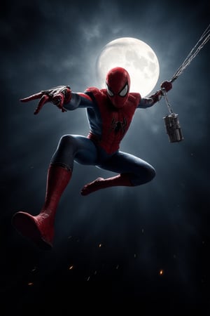 Post apocolyptic Spiderman swoops down, legs wide apart, knees tucked up close, he points one hand towards the camera, shooting a web from his trusty webshooter. The other hand holds tight to a swinging web, attached to an unknown location, as he descends with reckless abandon. A large, luminous moon hangs low in the background, casting an ethereal glow on Spiderman's agile form, captured mid-air in a dynamic perspective. His pose exudes motion and adventure, against a stark blackness.