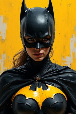 Impasto oil painting of Batgirl iconic batsuit suit and full mask, heavy strokes, textured, by Kaethe Butcher, Greg Tocchini, Hajime Sorayama, Jeremy Mann, Carne Griffiths, Robert Oxley, stunning digital illustration, elegant, calm, mysterious, digital painting, expressionism style, very intricate, unforgettable be able to see the brushstrokes, thick oil paint