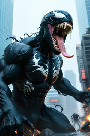 A terrifyingly majestic ambiote creature Marvel' character Venom is seen, half-alien and half-mammalian, in the throes of a free fall from a city skyscraper. Venom'  elongated tongue, tipped with a vicious barb reminiscent of a venom-filled snake, extends from its snarling jaws, which are lined with razor-sharp teeth. As Venom plummets, the venom coating his tongue glistens, hinting at its deadly capabilities. his eyes, a piercing mix of rage and fear, are the only source of light in this otherwise enshrouded scene. The free fall is captured in a dramatic moment of suspense, with the creature's limbs outstretched as if reaching for salvation or perhaps to deliver a lethal strike upon landing. The torn web and the creature's ripped flesh serve as stark reminders of the brutal struggle that preceded this plummet, leaving the viewer to wonder about the fate that awaits it in the abyss below., adventure, golden hour, cool-toned color grading, low-angle shot