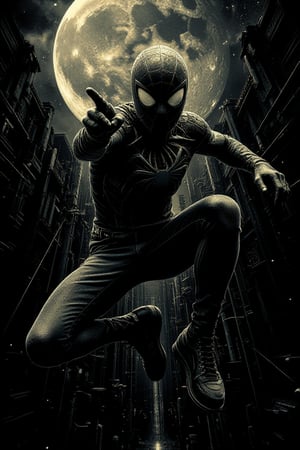 Post apocolyptic Spiderman swoops down, legs wide apart, knees tucked up close, he points one hand towards the camera, shooting a web from his trusty webshooter. The other hand holds tight to a swinging web, attached to an unknown location, as he descends with reckless abandon. A large, luminous moon hangs low in the background, casting an ethereal glow on Spiderman's agile form, captured mid-air in a dynamic perspective. His pose exudes motion and adventure, against a stark blackness.