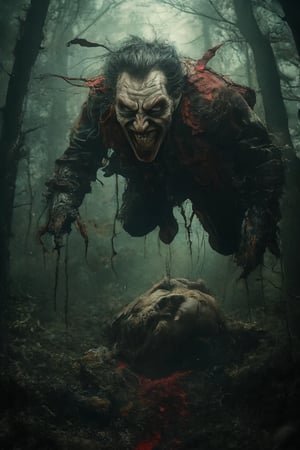 A haunting mid-air shot frames the bloodthirsty vampire's triumphant moment, as he hovers above his ravishing victim's lifeless form. The dimly lit forest canopy casts long shadows, while the crimson trail suspends the viewer's gaze. The vampire's eyes blaze with unholy intensity, fangs bared in a snarl, against a backdrop of ominous darkness and eerie greenish-blue hues.