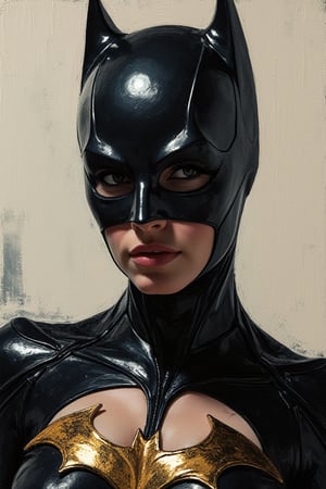 Impasto oil painting of Batgirl iconic batsuit suit and full mask, heavy strokes, textured, by Kaethe Butcher, Greg Tocchini, Hajime Sorayama, Jeremy Mann, Carne Griffiths, Robert Oxley, stunning digital illustration, elegant, calm, mysterious, digital painting, expressionism style, very intricate, unforgettable be able to see the brushstrokes, thick oil paint