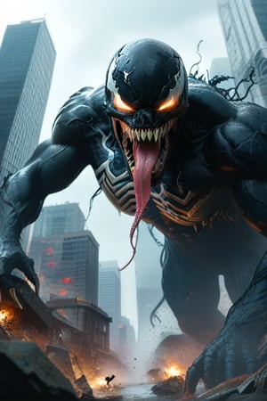 A terrifyingly majestic ambiote creature Marvel' character Carnage is seen, half-alien and half-mammalian, in the throes of a free fall from a city skyscraper. Venom'  elongated tongue, tipped with a vicious barb reminiscent of a venom-filled snake, extends from its snarling jaws, which are lined with razor-sharp teeth. As Carnage plummets, the venom coating his tongue glistens, hinting at its deadly capabilities. his eyes, a piercing mix of rage and fear, are the only source of light in this otherwise enshrouded scene. The free fall is captured in a dramatic moment of suspense, with the creature's ambiote extremities  outstretched as if reaching for salvation or perhaps to deliver a lethal strike upon landing. Carnage'  ripped flesh serve as stark reminders of the brutal struggle that preceded this plummet, leaving the viewer to wonder about the fate that awaits it in the abyss below., adventure, golden hour, cool-toned color grading, low-angle shot