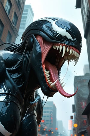 A terrifyingly majestic ambiote creature Marvel' character Carnage is seen, half-alien and half-mammalian, in the throes of a free fall from a city skyscraper. Venom'  elongated tongue, tipped with a vicious barb reminiscent of a venom-filled snake, extends from its snarling jaws, which are lined with razor-sharp teeth. As Carnage plummets, the venom coating his tongue glistens, hinting at its deadly capabilities. his eyes, a piercing mix of rage and fear, are the only source of light in this otherwise enshrouded scene. The free fall is captured in a dramatic moment of suspense, with the creature's ambiote extremities  outstretched as if reaching for salvation or perhaps to deliver a lethal strike upon landing. Carnage'  ripped flesh serve as stark reminders of the brutal struggle that preceded this plummet, leaving the viewer to wonder about the fate that awaits it in the abyss below., adventure, golden hour, cool-toned color grading, low-angle shot