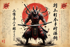 Create a visually striking image featuring a 12th-century samurai version of Marvel's Spider Ham. The character should be depicted in a traditional samurai uniform, complete with intricate armor details and a formidable samurai sword. Capture the moment in a classic samurai stance, emphasizing both strength and agility. The artwork should be presented on aged rice paper to enhance its authenticity, with elegant Japanese calligraphy surrounding the image to narrate the story of the symbiote samurai. The writing should explain the fusion of the symbiote with the samurai culture, creating an imaginative blend of historical and fictional elements. Focus on maintaining a balance between the traditional aesthetic and the dynamic, otherworldly presence of Spider Ham, highlighting textures and contrasts to enrich the visual narrative.