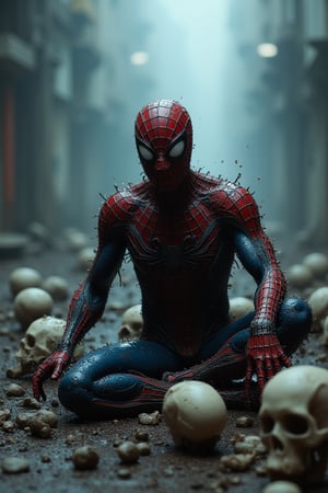 spiderman,  skulls on the floor, foggy background, dystopic, centered, highly detailed, vibrant colors, intricate, ultra hd, sharp focus, bokeh, film grain, raw photo, analog style, Luis Royo style