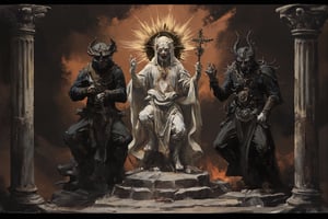 Ghosts from Hell invade this feeble shrine
Heaven's holy house will fall in time
Satan's morbid soldiers chant in lust
Destruction of the church, we'll burn the cross
