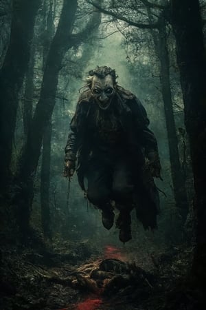 A haunting mid-air shot frames the bloodthirsty vampire's triumphant moment, as he hovers above his ravishing victim's lifeless form. The dimly lit forest canopy casts long shadows, while the crimson trail suspends the viewer's gaze. The vampire's eyes blaze with unholy intensity, fangs bared in a snarl, against a backdrop of ominous darkness and eerie greenish-blue hues.