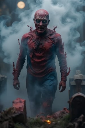 Spiderman's zombie emerges from the fog-shrouded graveyard. His iconic red and blue suit now tattered and stained, his mask is ripped and torn in places and a bloody froth flows from his mouth, the once-heroic figure appears twisted by dark forces. Eerie smoke swirls around him, illuminated only by faint moonlight. His face, a grotesque blend of human and dead features, contorts into an unholy smile. 