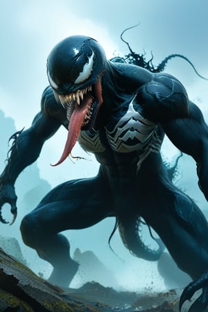 A terrifyingly majestic ambiote creature Marvel' character Venom is seen, half-alien and half-mammalian, in the throes of a free fall. Venom'  elongated tongue, tipped with a vicious barb reminiscent of a venom-filled snake, extends from its snarling jaws, which are lined with razor-sharp teeth. As Venom plummets, the venom coating his tongue glistens, hinting at its deadly capabilities. his eyes, a piercing mix of rage and fear, are the only source of light in this otherwise enshrouded scene. The free fall is captured in a dramatic moment of suspense, with the creature's limbs outstretched as if reaching for salvation or perhaps to deliver a lethal strike upon landing. The torn web and the creature's ripped flesh serve as stark reminders of the brutal struggle that preceded this plummet, leaving the viewer to wonder about the fate that awaits it in the abyss below., adventure, golden hour, cool-toned color grading, low-angle shot