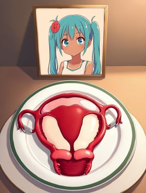 UteFod,uterus and ovaries on a plate,framed photo,framed photo in front of plate,knife and fork on the sides. brazilianmiku, dark-skinned female, tanlines, twintails, hair flower, aqua eyes