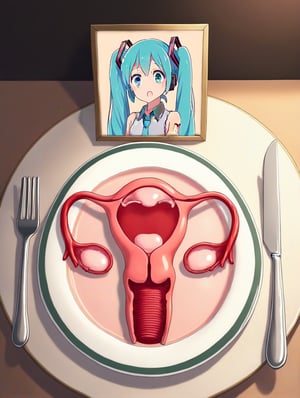 UteFod,uterus and ovaries on a plate,framed photo,framed photo in front of plate,knife and fork on the sides.,miku hatsune