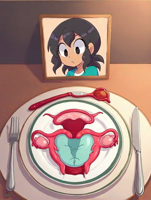 UteFod,uterus and ovaries on a plate,framed photo,framed photo in front of plate,knife and fork on the sides,Elena,1girl,aquamarine shirt,tanned skin,black eyes,long black hair