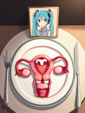 UteFod,uterus and ovaries on a plate,framed photo,framed photo in front of plate,knife and fork on the sides.,miku hatsune