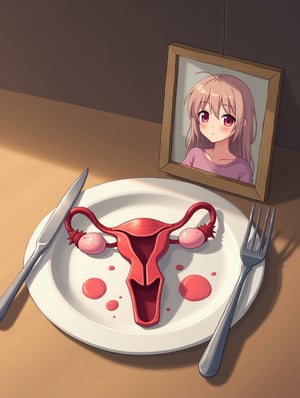 Anime. A uterus and ovaries on a plate with a fork and knife, in front of the plate with the uterus, there is a framed photo of a girl