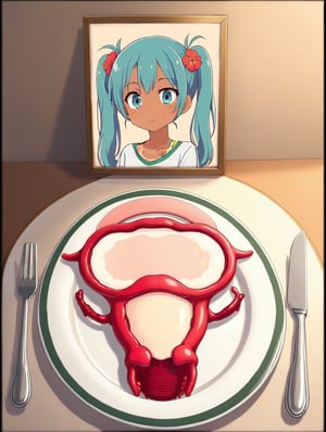 UteFod,uterus and ovaries on a plate,framed photo,framed photo in front of plate,knife and fork on the sides. brazilianmiku, dark-skinned female, tanlines, twintails, hair flower, aqua eyes