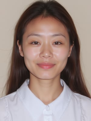 A close-up shot of a young Asian woman with long dark brown hair and brown eyes. She is wearing a white collared button down shirt with white embroidery on the collar. Her lips are a vibrant shade of pink. Her eyebrows are a light brown and her eyes are a darker shade of brown. She has a slight smile on her face. The backdrop is a light beige wall.