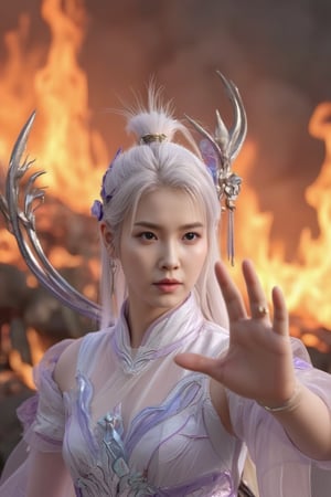 White hair LeeJiEun, dressed in white ancient attire, assumes a powerful fighting stance against the fiery backdrop of Larva Inferno Mountain. The camera captures her from the waist up, emphasizing her determination as she stands firm amidst the intense flames. Backlit by warm tones and rim-lit with cool highlights, IU's piercing gaze seems to pierce through the inferno itself.