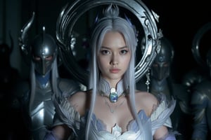 Close-up portrait of warrior princess, a White hair warrior girl illuminated by the soft glow of a flashlight, her features sharp and determined as she assumes a fighting stance. Her white ancient attire shines with a subtle sheen, adorned with a large circle decoration that floats behind her shoulders like a halo. In the dimly lit background, a group of masked armor warriors stand guard, their faces obscured by the shadows.,FLASH,perikecil