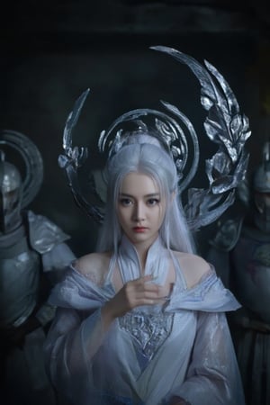 Close-up portrait of Dilmurat, a White hair warrior girl illuminated by the soft glow of a flashlight, her features sharp and determined as she assumes a fighting stance. Her white ancient attire shines with a subtle sheen, adorned with a large circle decoration that floats behind her shoulders like a halo. In the dimly lit background, a group of masked armor warriors stand guard, their faces obscured by the shadows.