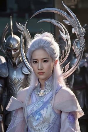 Close-up headshot of the enigmatic White Hair Warrior Girl, illuminated by a dramatic flashlight glow that casts a warm, ethereal ambiance on her radiant features. Her striking white hair cascades like a river of moonlight down her back, as she assumes a fierce fighting stance with her massive sword at the ready. The ancient white attire she wears is adorned with a large circle decoration floating behind her shoulders, evoking an aura of mystique and power. In the background, a group of masked armor warriors stand vigilant, their faces shrouded in mystery as they flank the warrior girl.