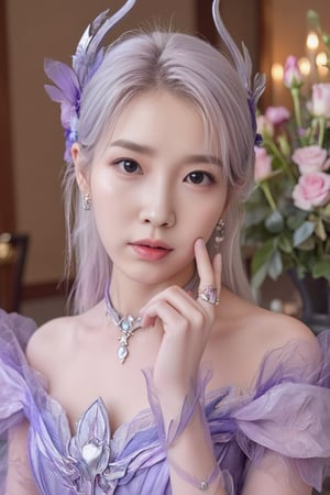 white hair LeeJiEun_ IU's captivating gaze dominates the frame as she poses in a breathtaking purple elegance perikecilarmor dress, its intricate details illuminated by soft studio light. Warm rim and back lights accentuate her porcelain doll-like complexion, while a room filled with roses creates a romantic ambiance. Close-up shots highlight perfectly defined eyes and detailed skin tones, showcasing her flawless beauty without imperfections.