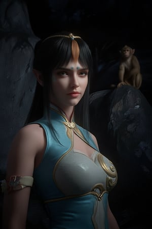 A warrior princess stands tall in a dramatic full-body portrait, her black hair glistening in the soft light of a flashlight that casts a warm glow around her determined features. Her strong pose is accentuated by the subtle sheen on her ancient light blue attire. In the dimly lit background, a large rock sits under the shade of a tree, where a sweet monkey perches on the princess's lap, adding a playful touch to the otherwise heroic scene.