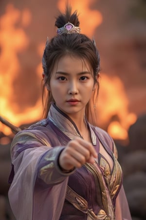 LeeJiEun, dressed in ancient attire, assumes a powerful fighting stance against the fiery backdrop of Larva Inferno Mountain. The camera captures her from the waist up, emphasizing her determination as she stands firm amidst the intense flames. Backlit by warm tones and rim-lit with cool highlights, IU's piercing gaze seems to pierce through the inferno itself.