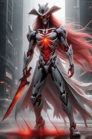 An flaming white Cybernetic Pirates, long legs , wearing a farmer Straw hat, longer crimson haired, burning flame comes out from eyes and whole body, wearing a high boots, glowing flame inside body, golden intricate render, wearing white pirates cloak made from ceramic LaTeX, hold a long blade sword, red wines effect, horror ship Atmospheric with red wines splatters trough the background .,crimson muscles and veins inner intricate render,cycles 4d render,CryEngine 7 optimization,ambient occlusion,7d Unreal Engine 12 textured,124k ultra HD Resolution