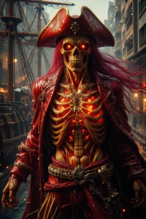 A golden Horror Pirates , wearing Luffy Straw hat, longer crimson haired, burning flame comes out from eyes and whole body, wearing a high boots, big crimson neckless pendants, glowing flame inside body, golden intricate render, wearing pirates cloak made from ceramic LaTeX, hold a gold coins, horror ship Atmospheric with wine splatters background .