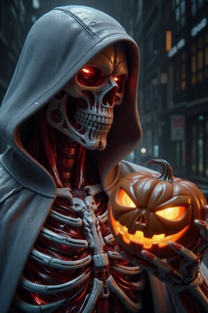 A detailed close-up of a Cybernetic skeleton, adorned with a sleek LaTeX-ceramic cloak, holding a glowing Jack-o'-lantern in its metallic hand. The scene is illuminated by the eerie light from the pumpkin, casting dramatic shadows on the cloak. The composition is centered, with the skeleton's glowing eyes and the Jack-o'-lantern's face drawing attention. The background is dark and mysterious, enhancing the futuristic and spooky atmosphere.