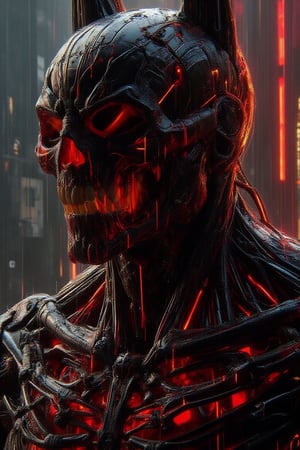 The batman , black metallic armor, neon red fiberglass cables inner intricate render details, , iconic potraiture , mirror reflecting effects, red painting splattered, inspired by JengLord,  in the style of skin realism, hyper realism, precision in details,  horror red painting lakeside ruins, inspired by JengLord 