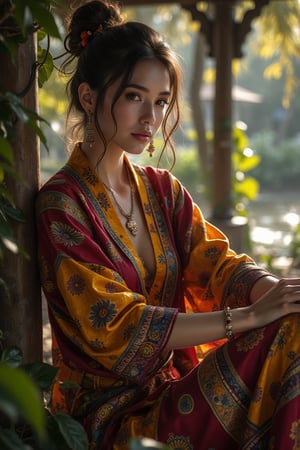 The natural lux and the natural beauty of a model inside bioflurocent , wearing a batik, natural reality lighting, sitting on a gazebo Garden , long shot view epic masterpiece professional photography, --s 0 --stylez raw-- 6.0 -- , WebFace260M,captured by CANON EOS 250D,