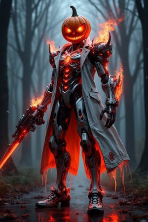 A close-up shot of a humanoid Jack-o'-lantern cyborg, with glowing orange eyes and a menacing grin. The cyborg is standing in a dark, eerie forest, illuminated by the soft glow of its pumpkin head. The composition is centered, with the cyborg's metallic body and pumpkin features clearly visible. The lighting is moody and shadowy, emphasizing the contrast between the organic pumpkin and the mechanical parts. The cyborg's pose is slightly menacing, with one arm raised as if ready to strike.,red eyes,and an ominous aura,red flame inside body, wine and flaming splash, wearing a high heels boots, wearing a pearl-white nanotechnology's loosely big Vega-punk-Luffy raincoat and wearing a hyper nano skeleton-evangelion ceramics mirror armor design,inspired from niji6, anime style, anime lighting effects,, (Shading and Lighting using Phong shading, Gouraud shading, and Blinn-Phong shading, mirror reflections shading, Rendering), ambient occlusion, cycles 4d render, octane render, V-Ray render, unity, 7d cryengine 7 optimization, 19000 Ultra HD resolution.